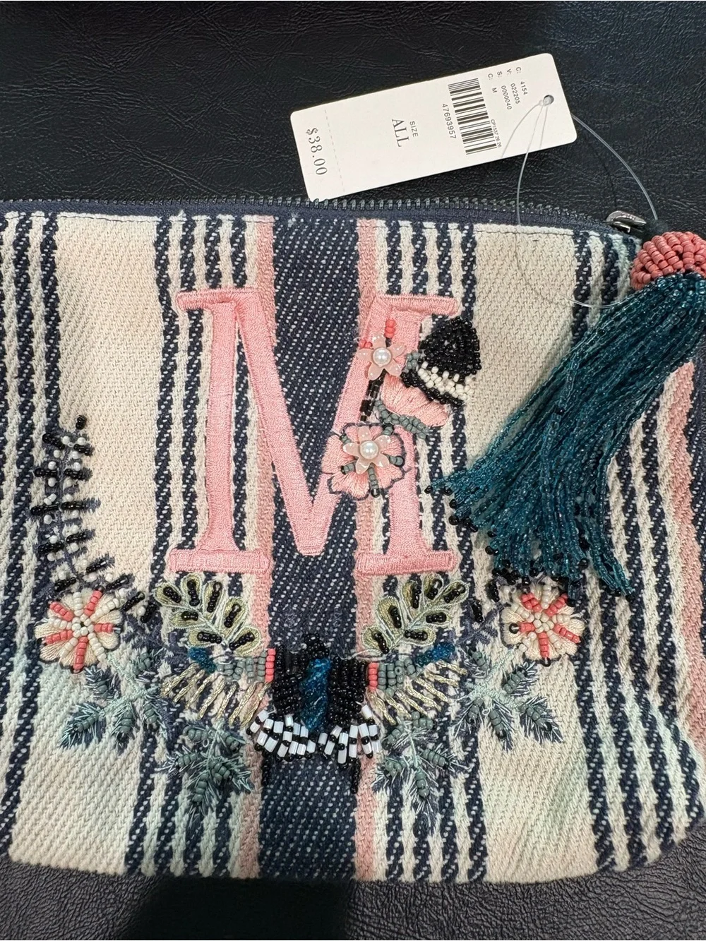 Anthropologie Striped Embroidered  Clutch in Cream, Pink & Navy